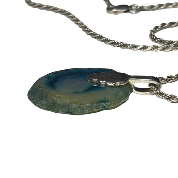 Sterling Silver Blue Agate Stone Pendant Necklace 16" - Picture 5 of 7